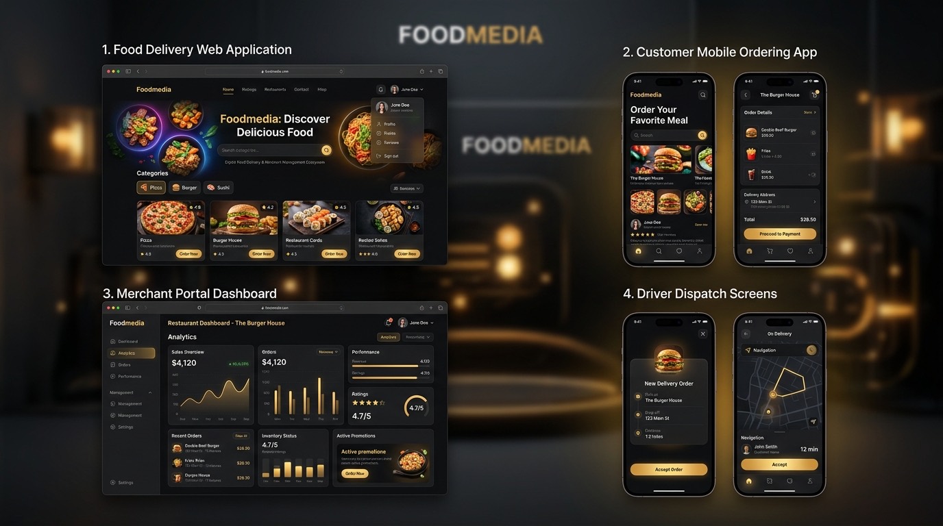 Foodmedia ecosystem: web and mobile interfaces connected across customer, merchant, driver, sales, and superadmin roles
